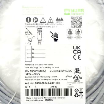 M8 female 0° A-cod. with cable 