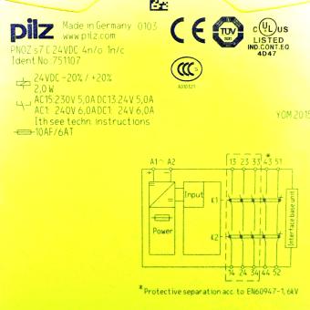 Contact multiplication Outputs: 4S, 1Ö PNOZ S7 C 24VDC 4N/O 1N/C 