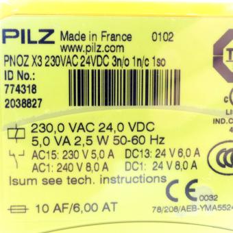 Sicherheitsschaltrelais PNOX X3 230VAC 24VDC 3n/o 1n/c 1so 