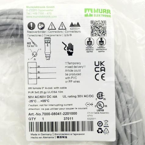 M8 female 0° A-cod. with cable  