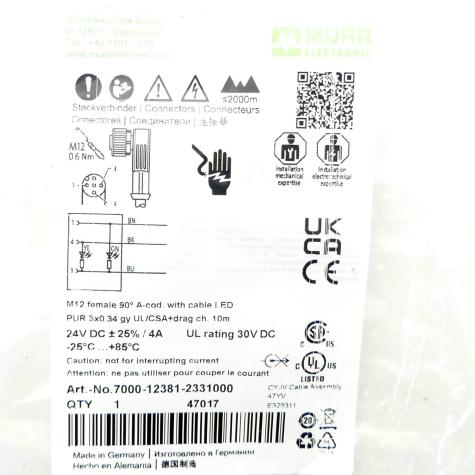 M12 female 90° A-cod. with cable LED  New