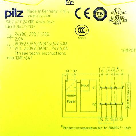 Kontakterweiterung Ausgänge: 4S, 1Ö PNOZ S7 C 24VDC 4N/O 1N/C PNOZ S7 C 24VDC 4N/O 1N/C  