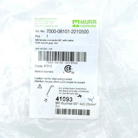 M8 female 90° A-cod. with cable PUR 4x0,25 grey 5m New FS
