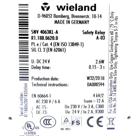 Sicherheitsrelais Wieland SNV4063KL-A 