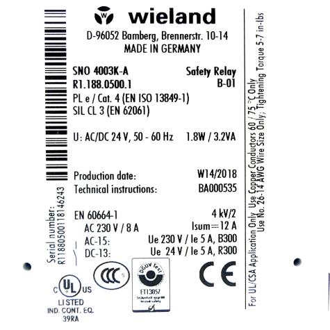 Sicherheitsrelais Wieland SNO4003K-A 