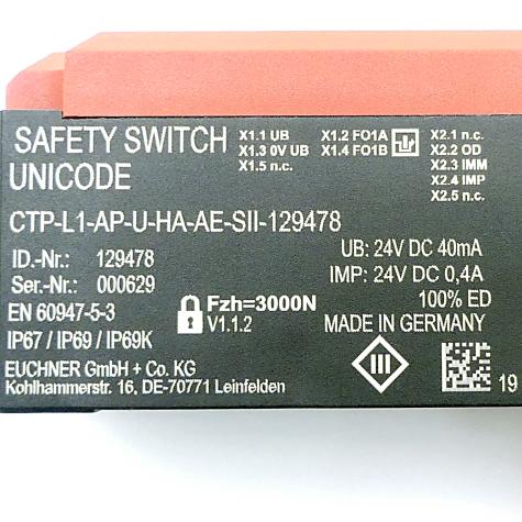 Transponder-coded safety switch CTP-L1-AP-U-HA-AE-SII CTP-L1-AP-U-HA-AE-SII-129478 