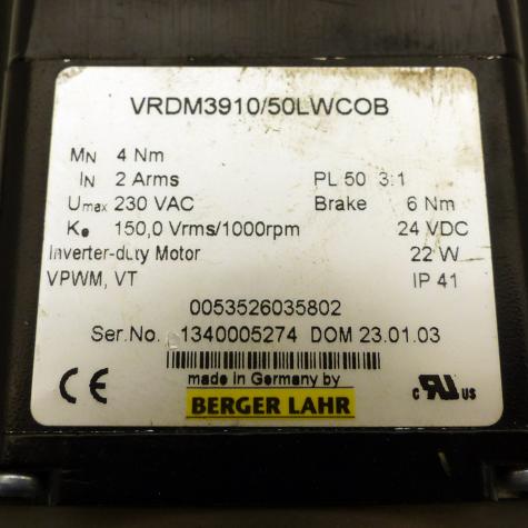 3-phase step motor with encoder, brake and gearbox PL50 3:1 VRDM3910/50LWCEB Used