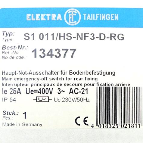 Main emergency-off switch for rear fixing S1 011/HS-NF3-D-RG New FS