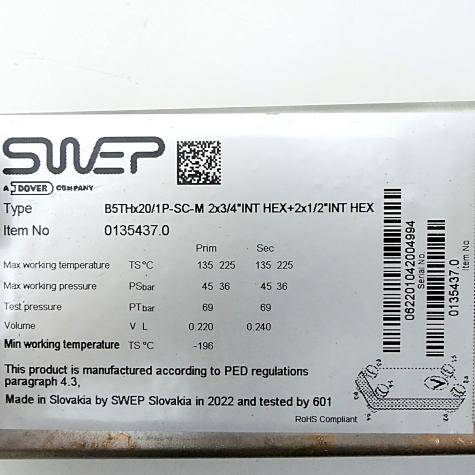 Plate heat exchanger B5THx20/1P-SC-M 2x3/4"INT HEX+2x1/2"INT HEX New