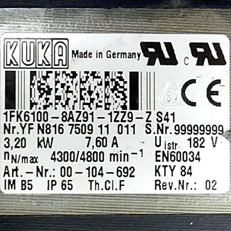 Servo motor 1FK6100-8AZ91-1ZZ9-Z S41 Used