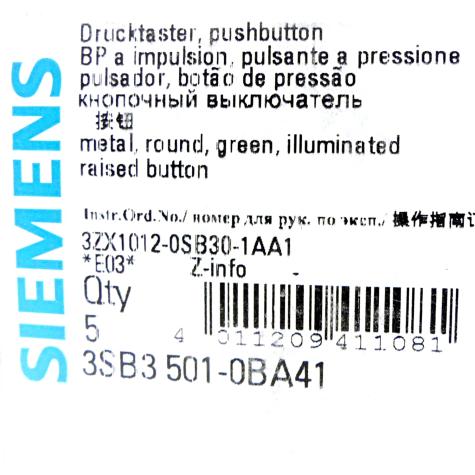 5 Pieces push-button green 3SB3501-0BA41 New FS