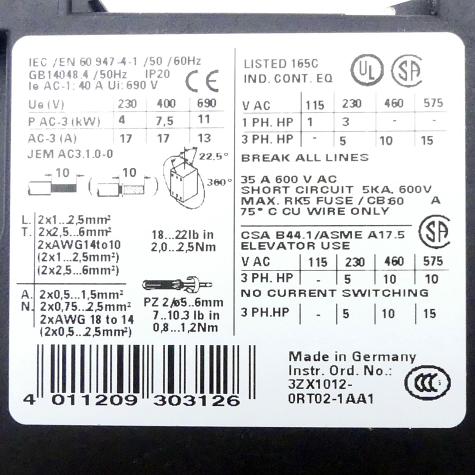 Contactor 3RT1025-1BB44 Used