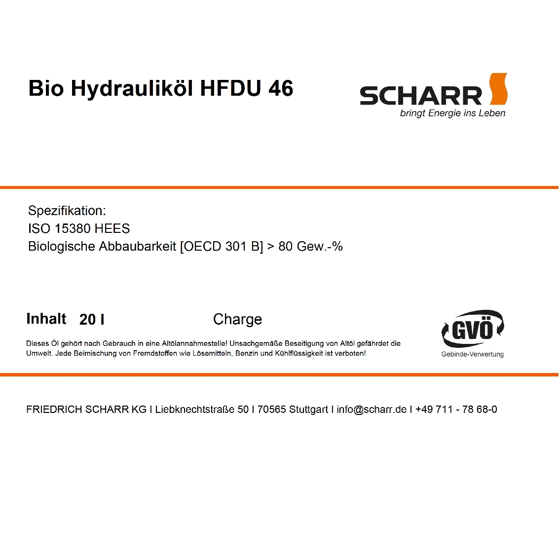 Bio Hydrauliköl HFDU 46  20 Liter