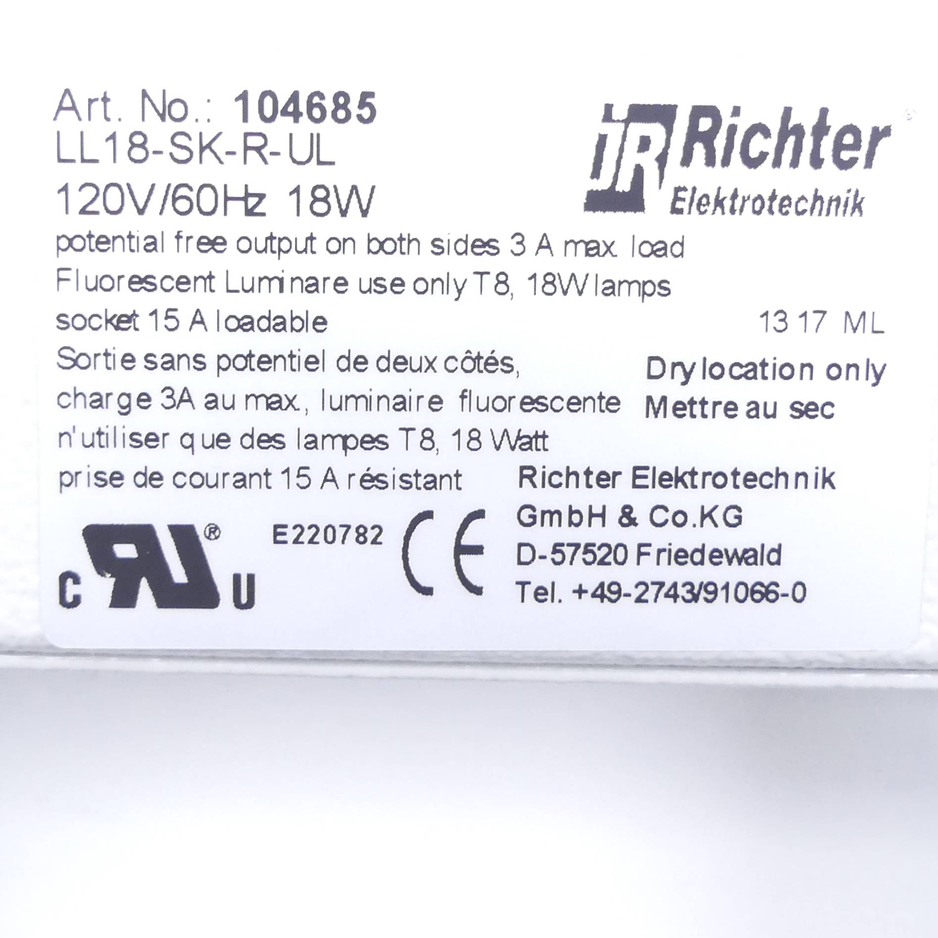 Control cabinet light  LL18-SK-R-UL 