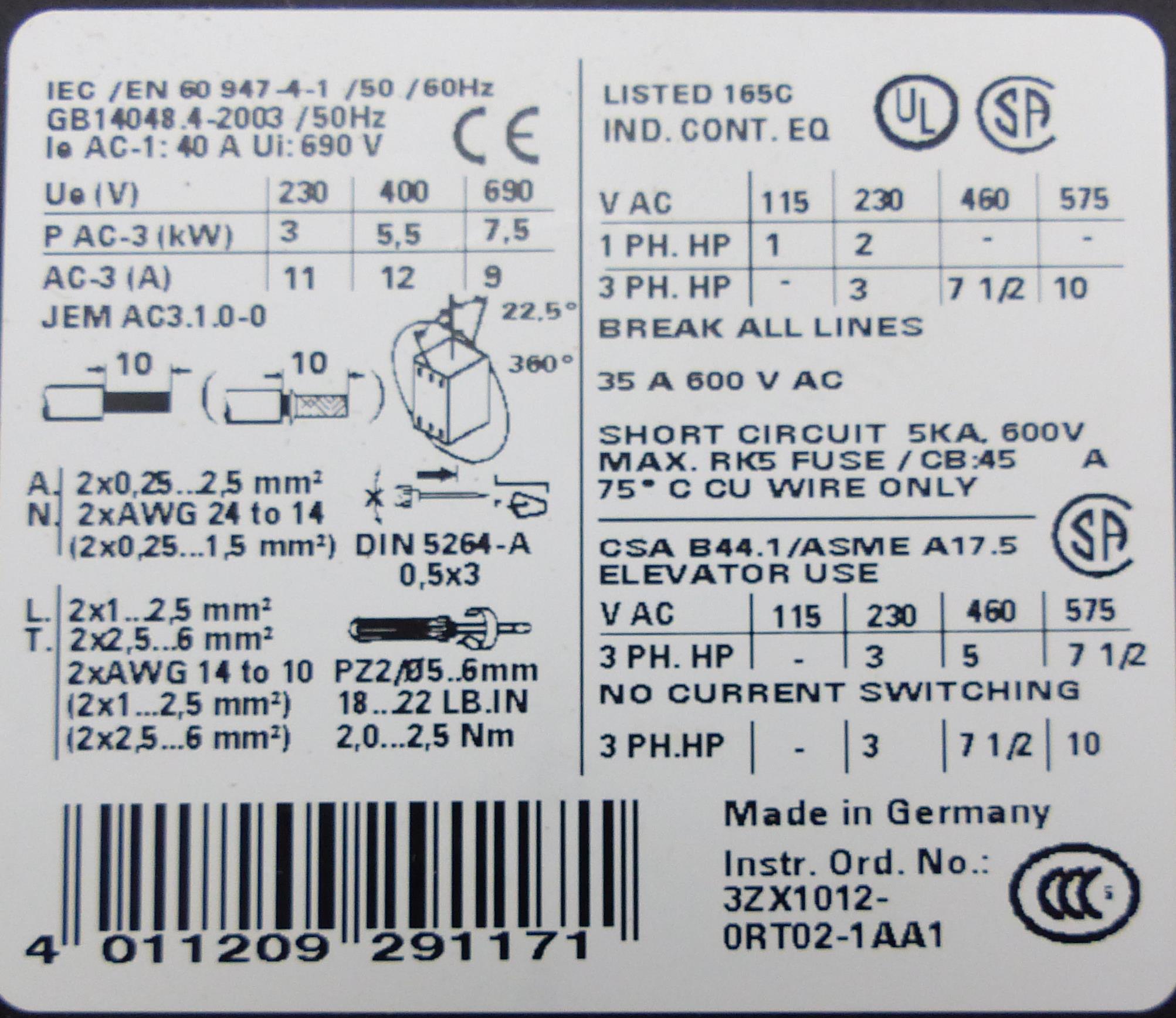 Contactor 3RT1024-3BB40 