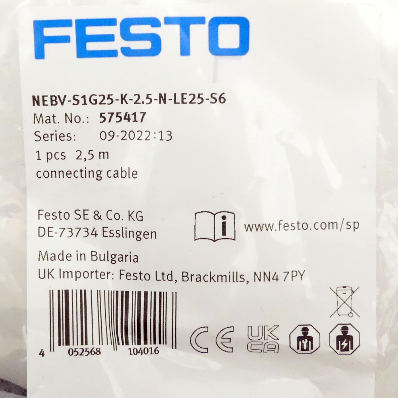 Anschlussleitung NEBV-S1G25-K-2.5-N-LE25-S6
