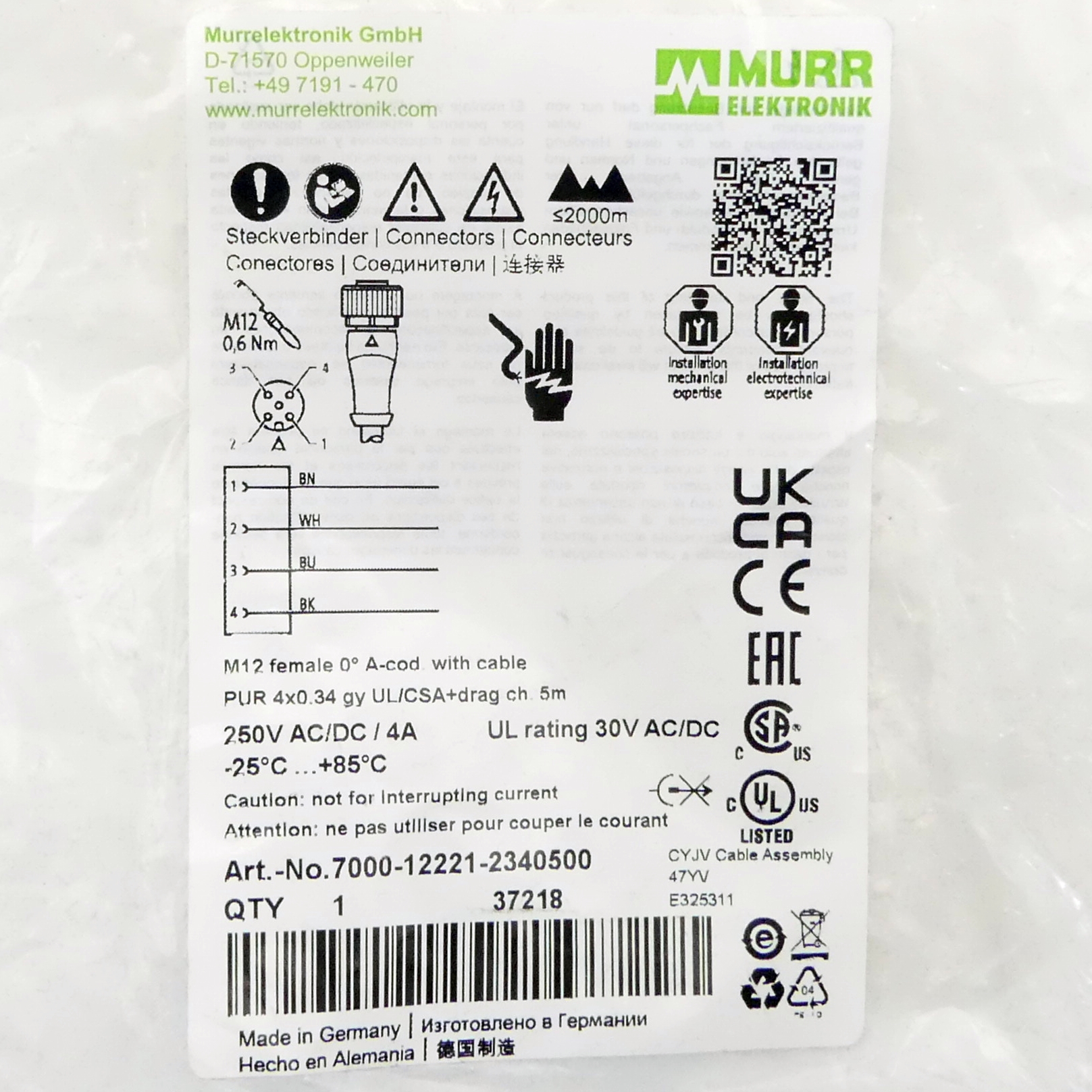 M12 female 0° A-cod. with cable