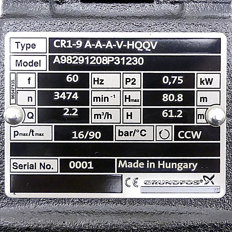 Vertikale mehrstufige Kreiselpumpe CR1-9 A-A-A-V-HQQV 