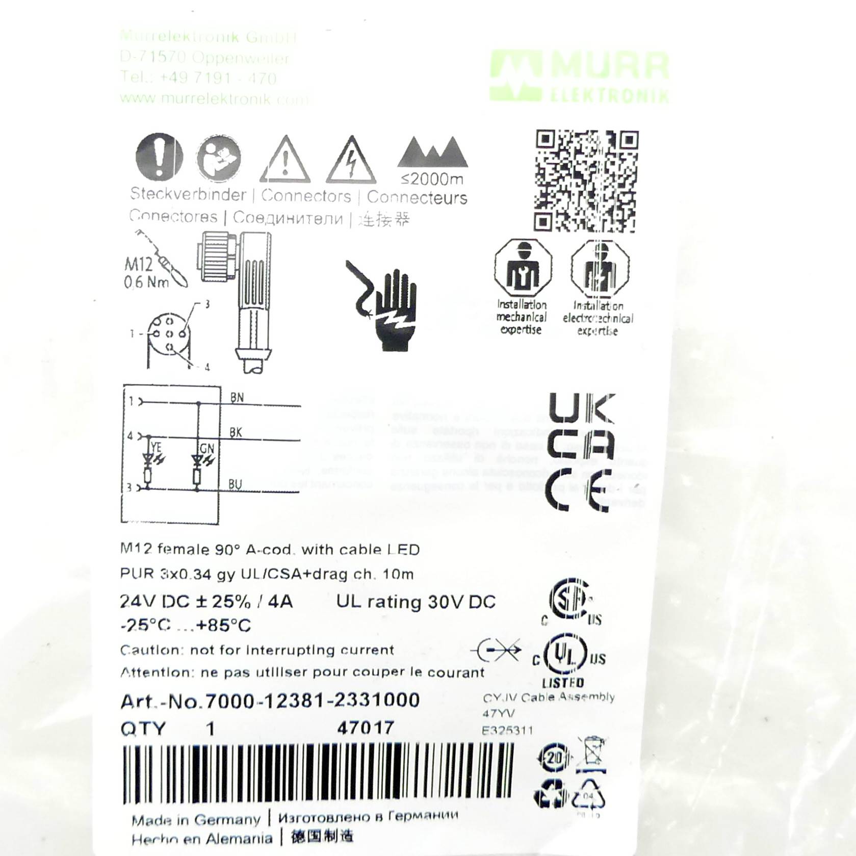 M12 female 90° A-cod. with cable LED 