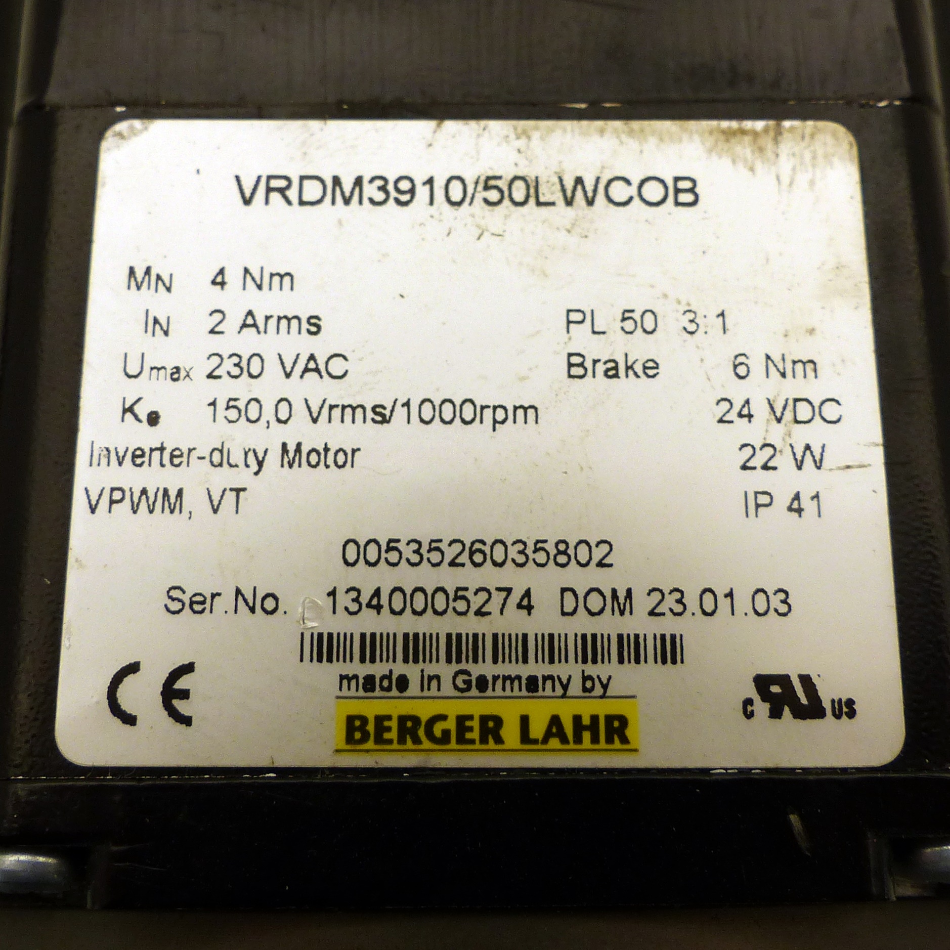 Inverter-duty Motor VRDM3910/50LWCOB mit Getriebe PL 50/ PL 85 