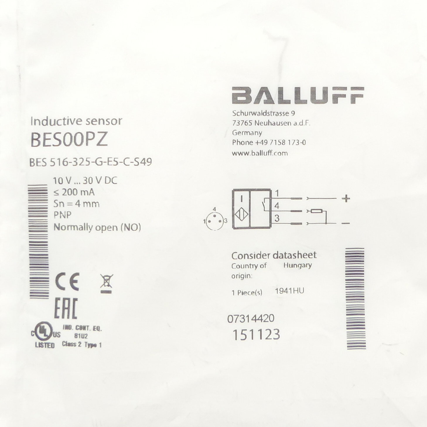 Inductive standard sensor BES00PZ