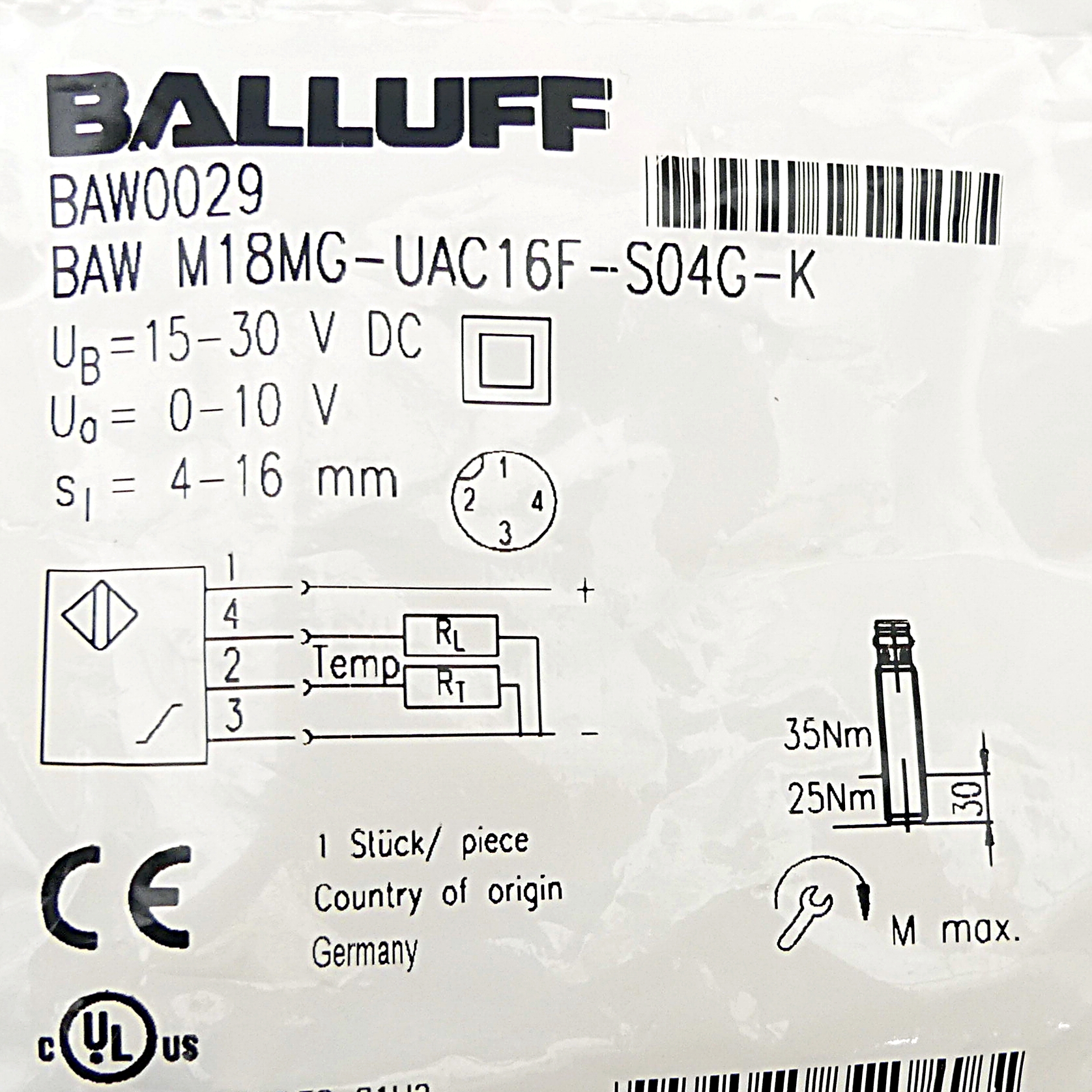 Cylindrical version with metric thread BAW M18MG-UAC16F-S04G-K 