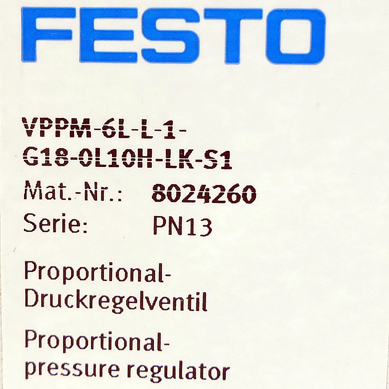 Proportional-Druckregelventil VPPM-6L-L-1-G18-0L10H-LK-S1