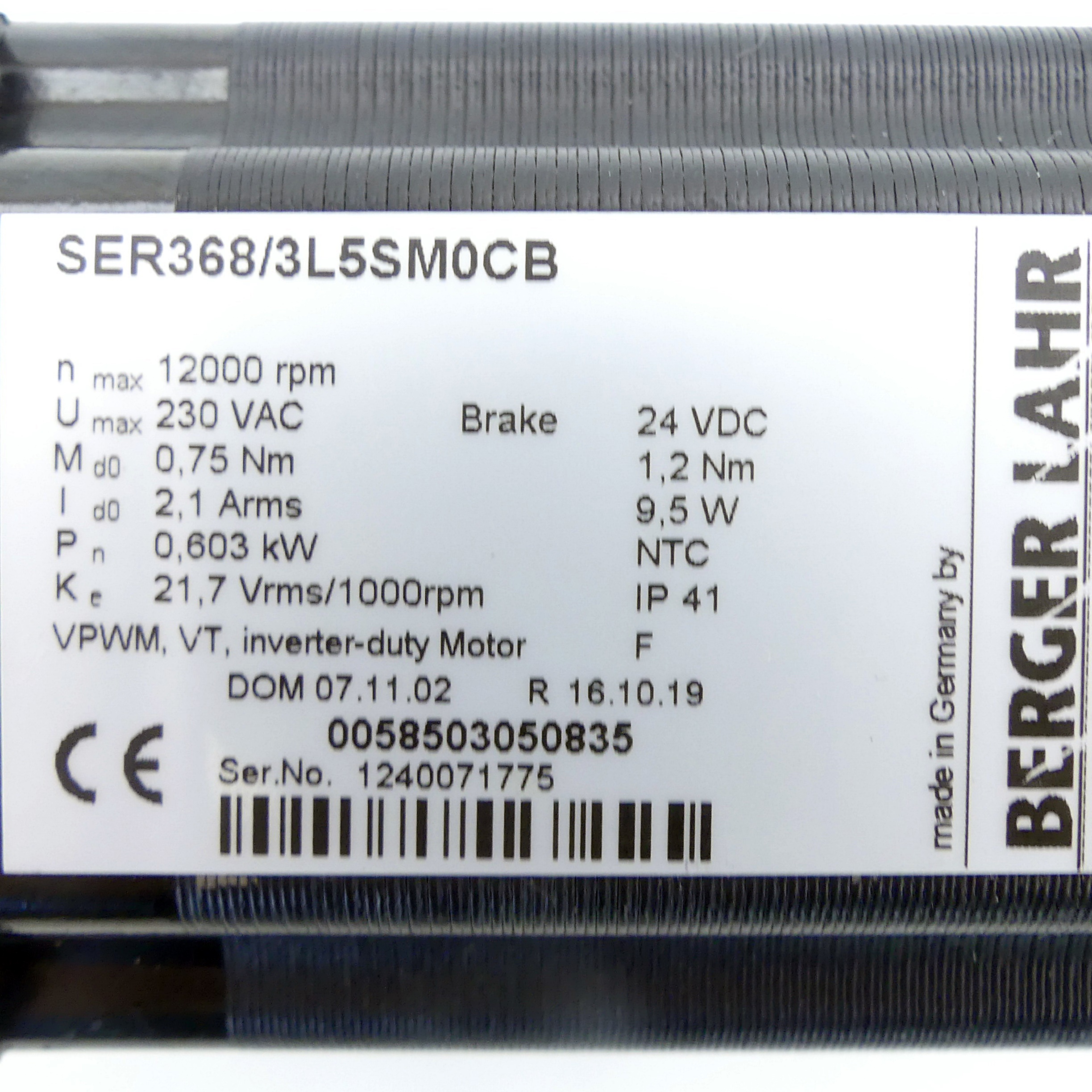 AC servo motor with multi-turn encoder and brake SER368/3L5SM0CB 