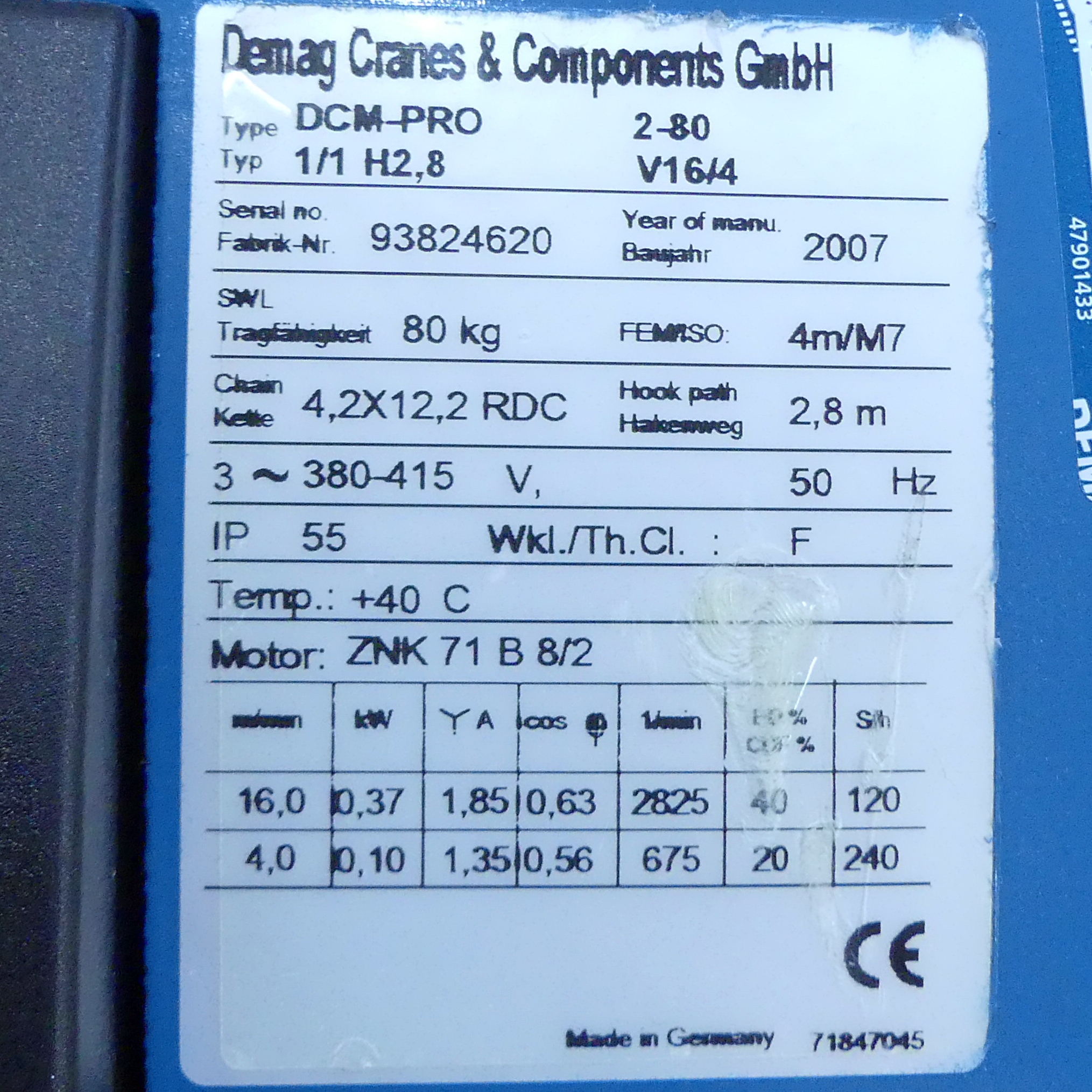 Elektrischer Kettenzug DCM-PRO 2-80 1/1 H2,8 V16/4 