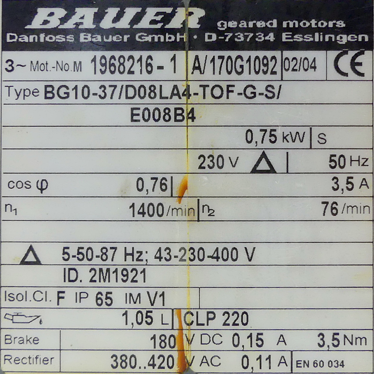 Getriebemotor BG10-37/D08LA4-TOF-G-S/ 