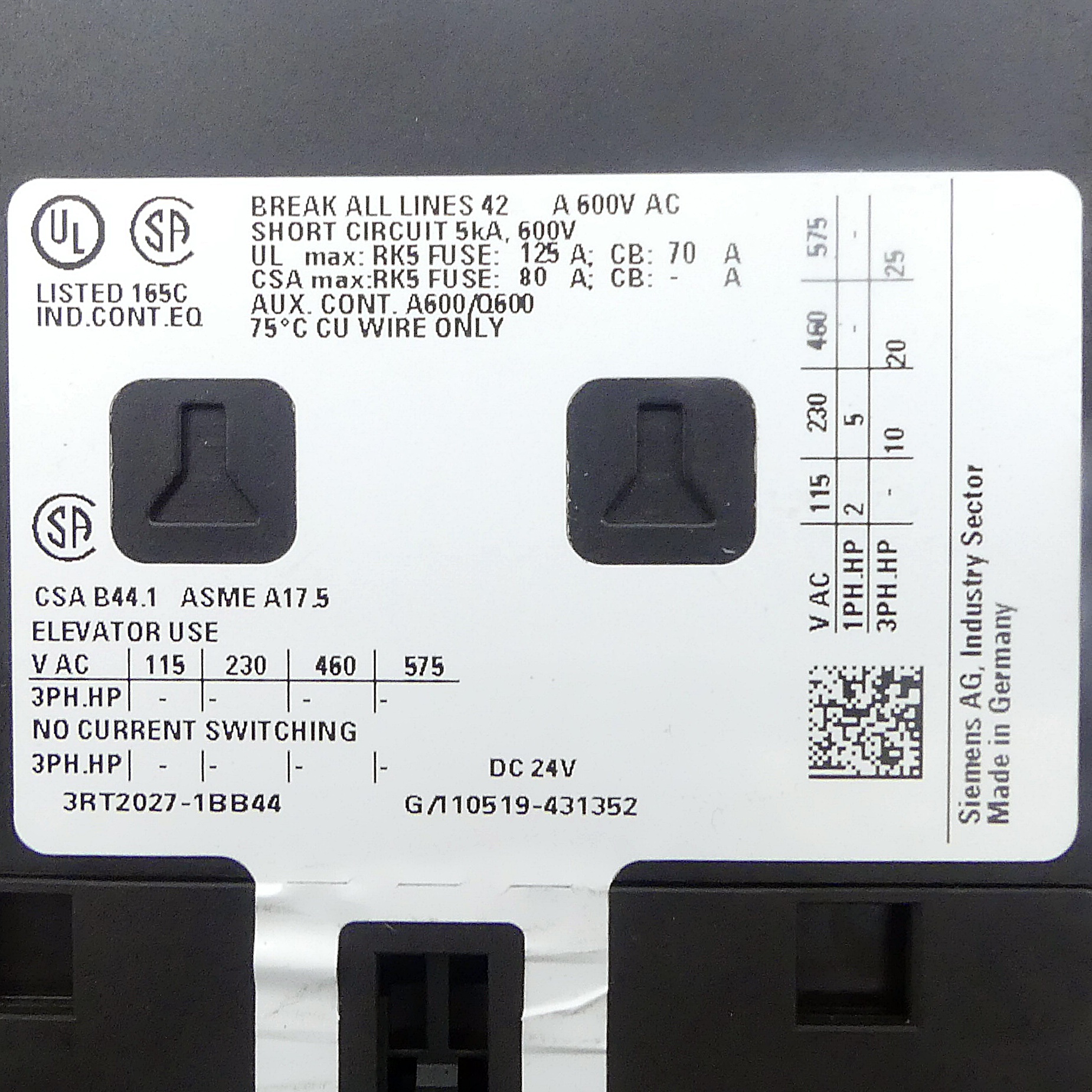 Power contactor 3RT2027-1BB44 