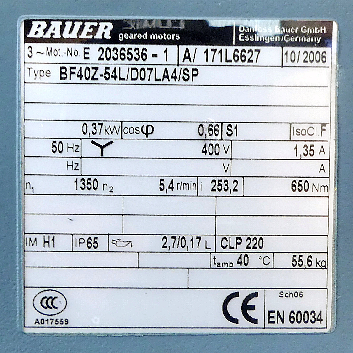 BAUER BK06-34H/D0LA4/SP gear motor, engine with transmission, 0.25 kW,  230/400V