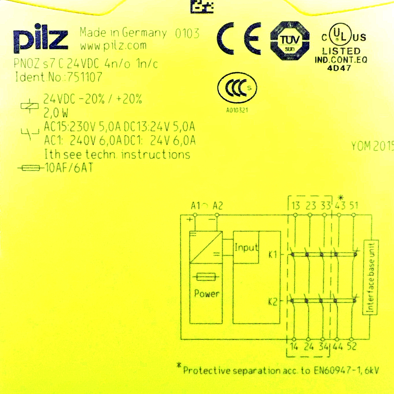 Contact multiplication Outputs: 4S, 1Ö PNOZ S7 C 24VDC 4N/O 1N/C 