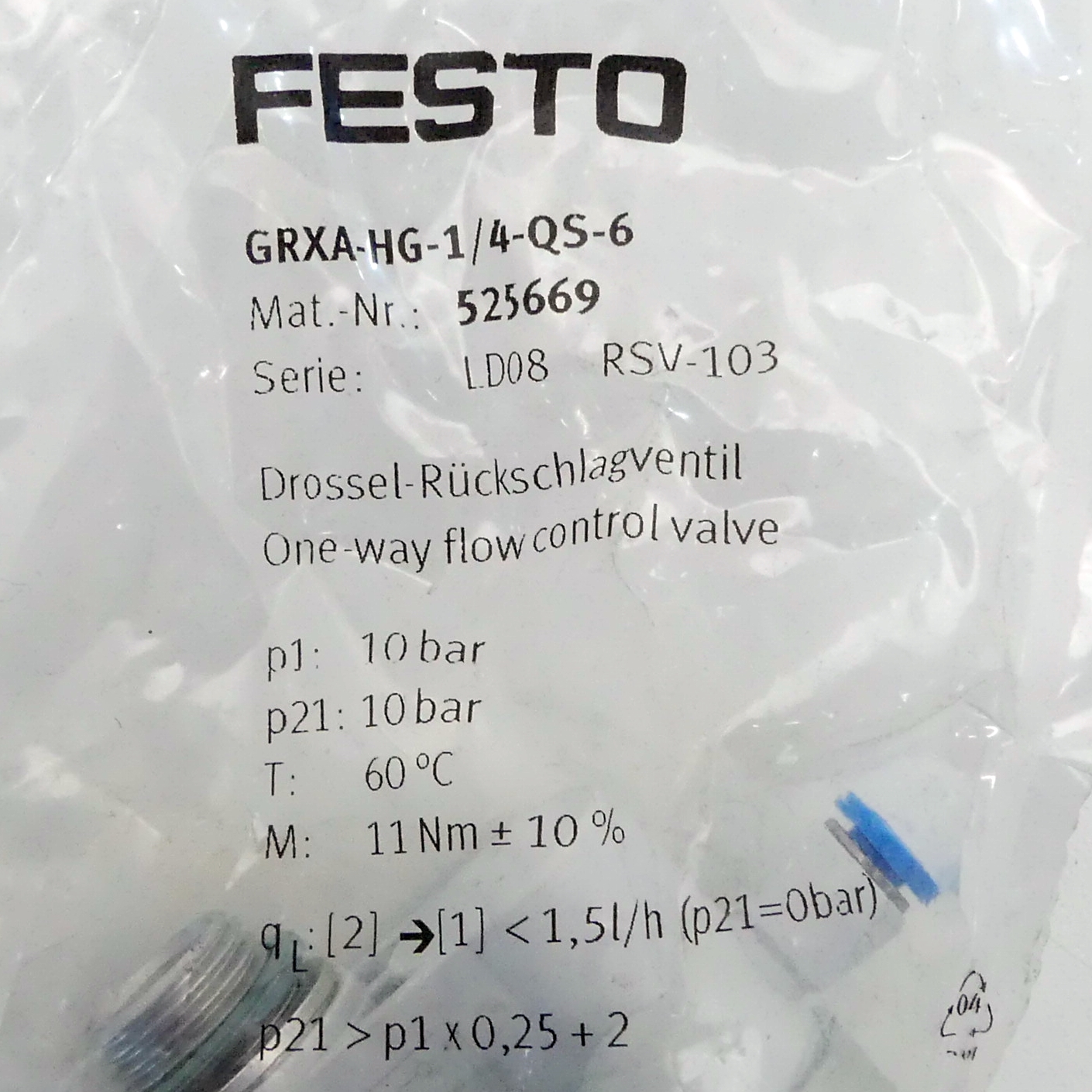 One-way flow control valve GRXA-HG-1/4-QS-6 
