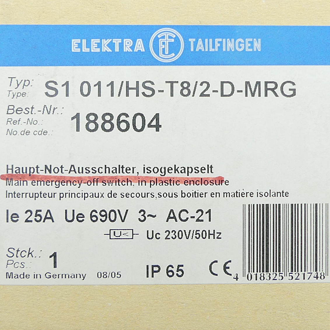 Maschinenteil24, Elektra Haupt-Not-Ausschalter, isogekapselt S1 011/HS-T8/2 -D-MRG