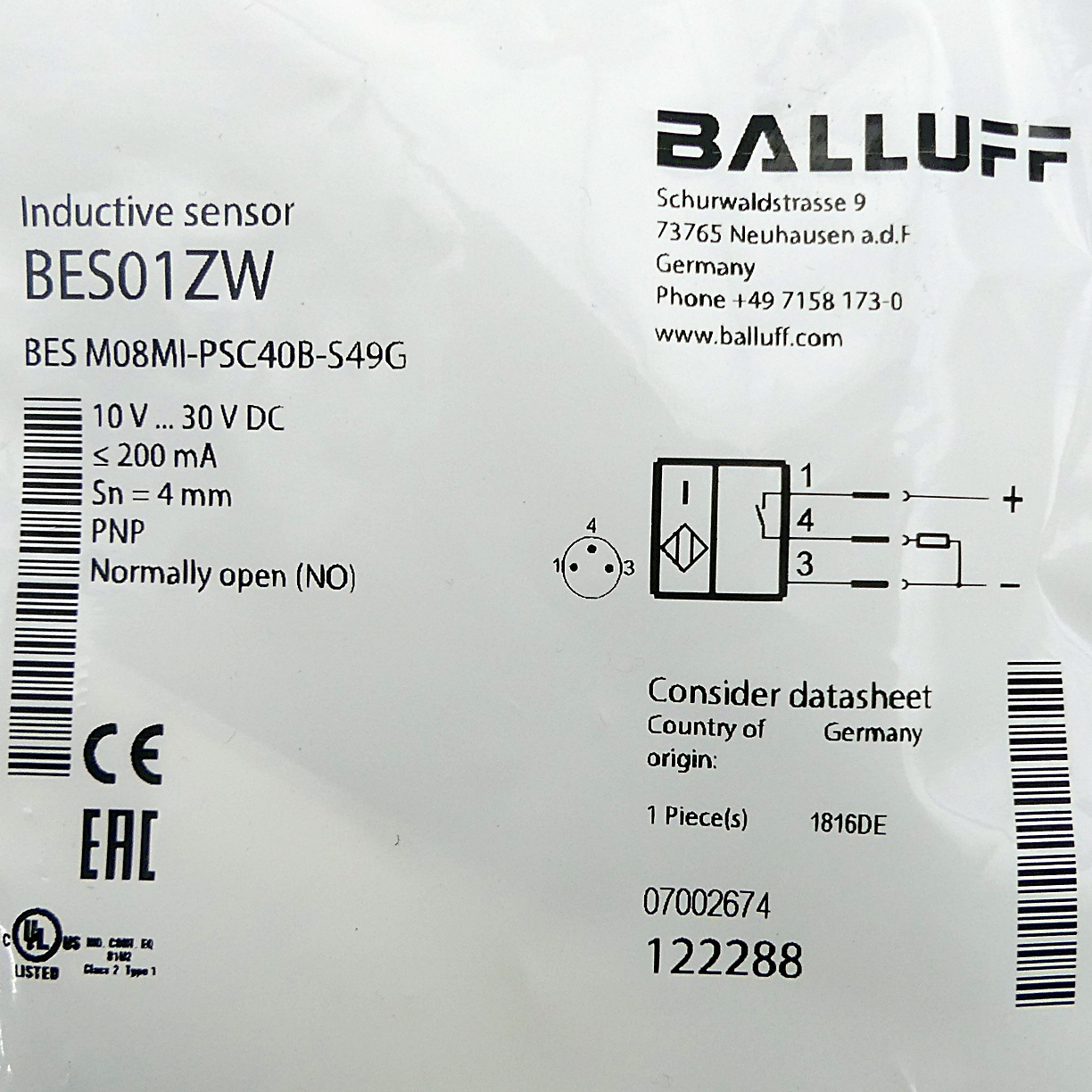 Inductive standard sensor BES01ZW 