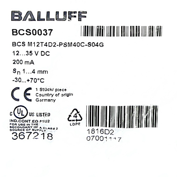 Capacitive sensor for object recognition BCS M12T4D2-PSM40C-S04G 