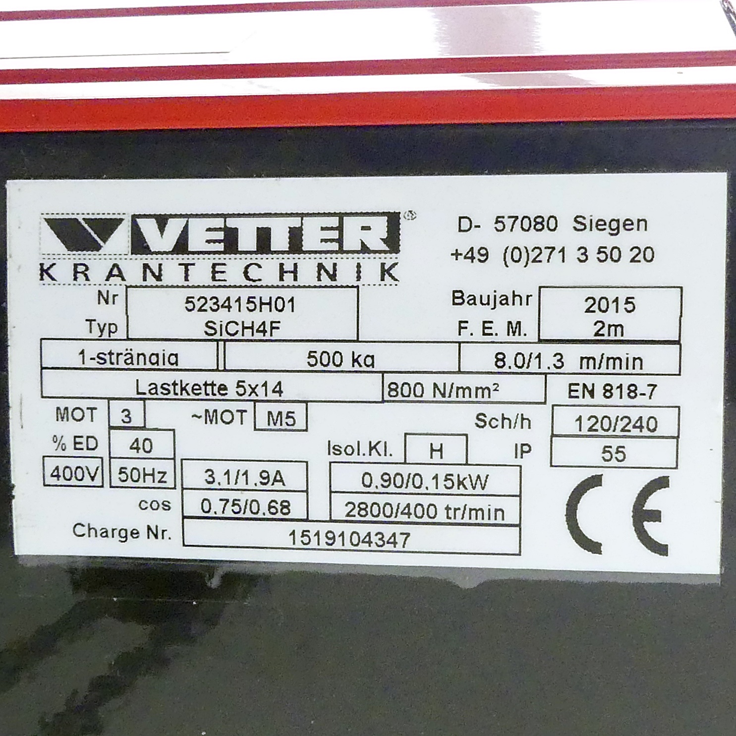 Elektro-Kettenzug SiCH4F-HF Tragl. 500kg, 1-strängig, Hand-Fahrwerk 