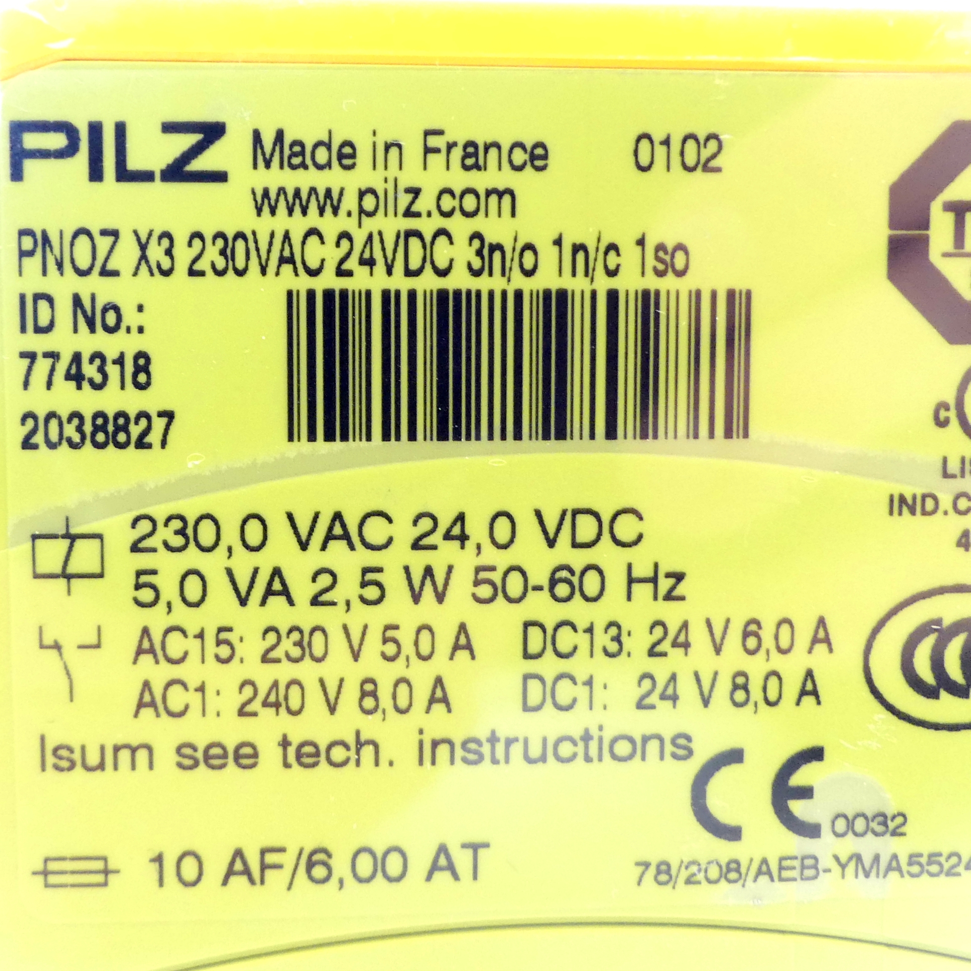 safety relay PNOX X3 230VAC 24VDC 3n/o 1n/c 1so 