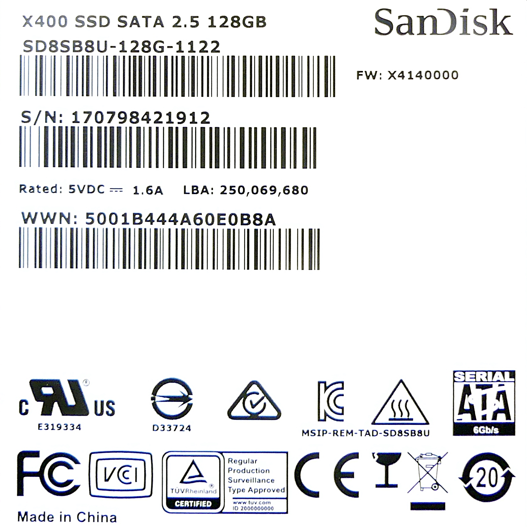 X400 SSD, 128 GB, 2.5" 7mm 