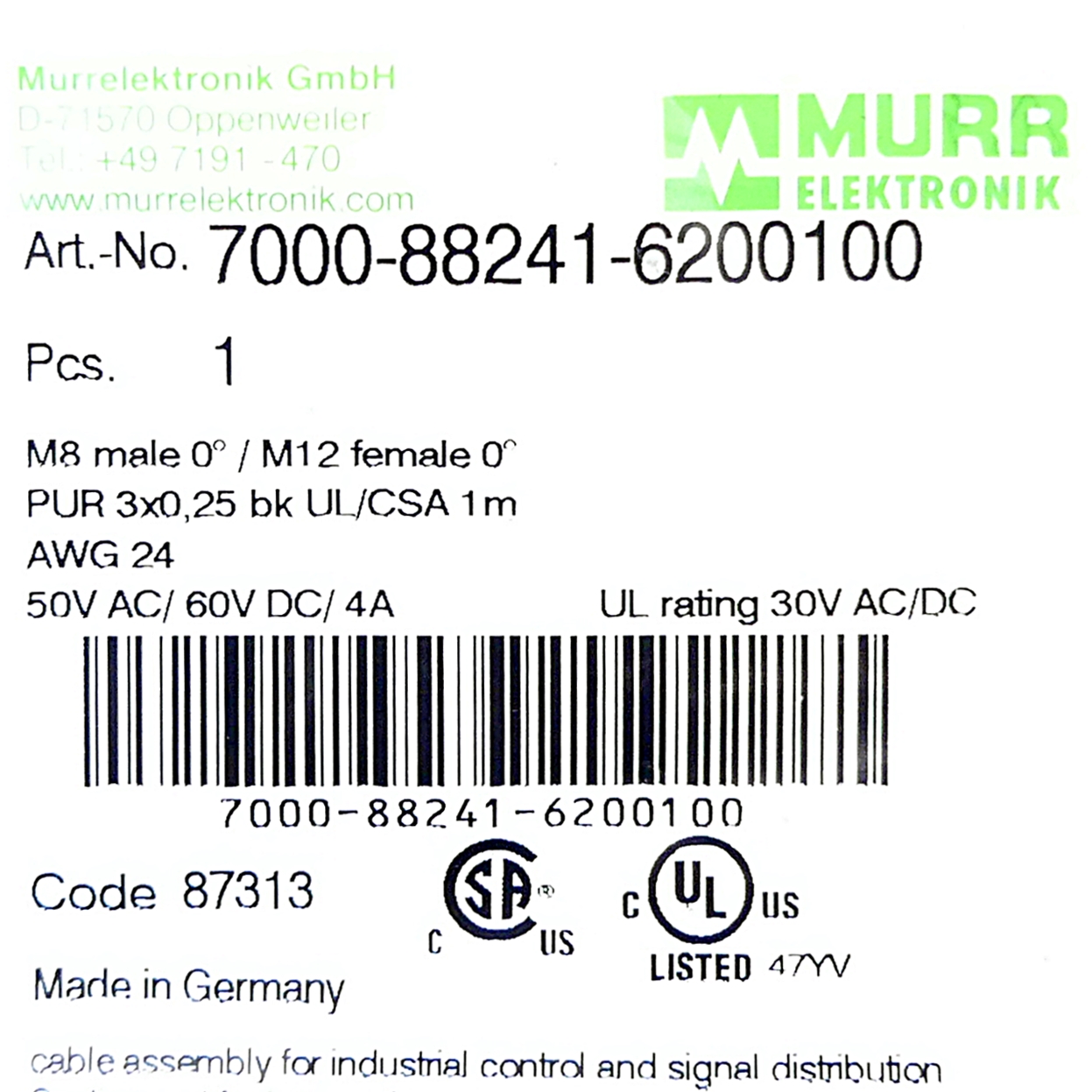 Cable M8 male 0° / M12 female 0°