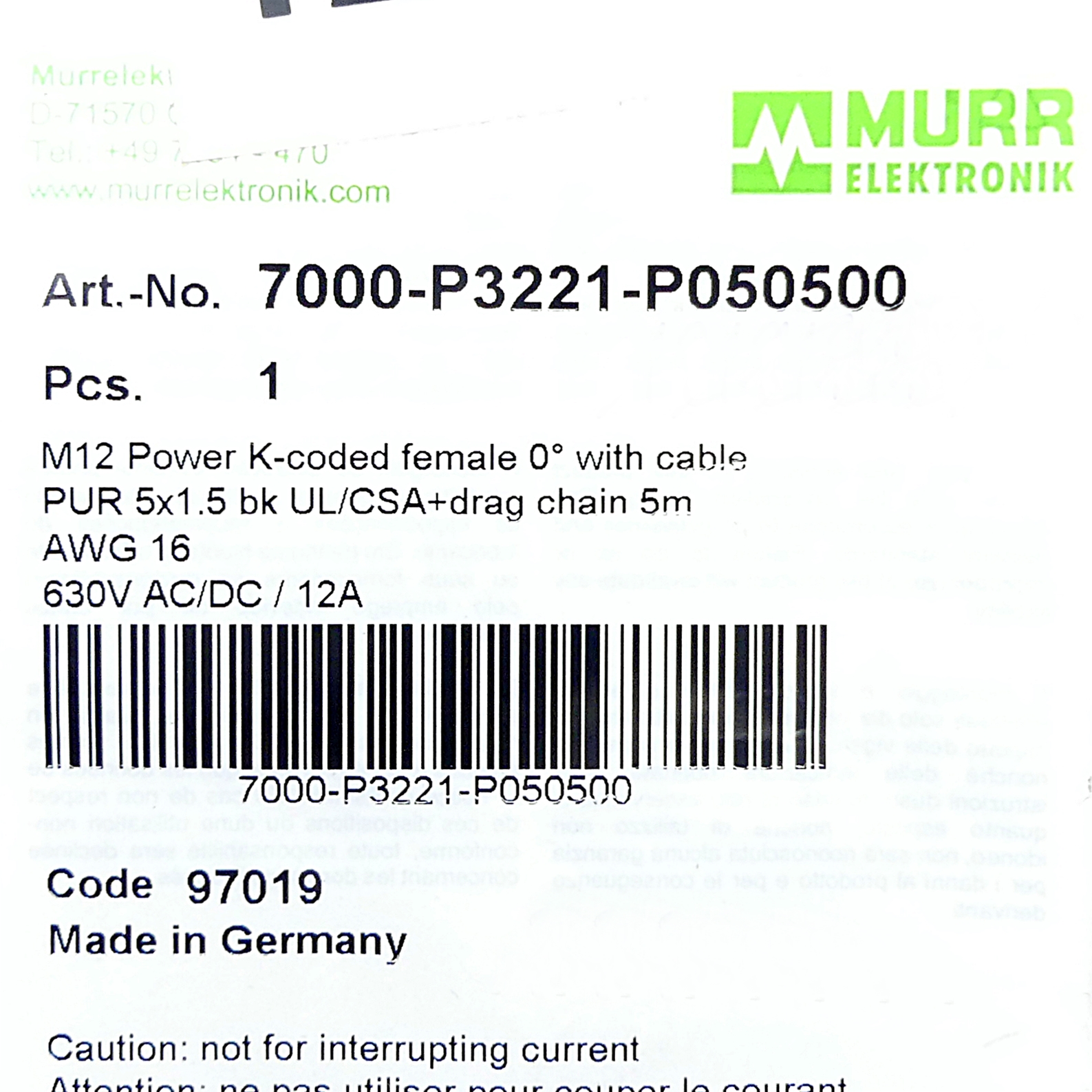M12 Power-Anschlussleitung