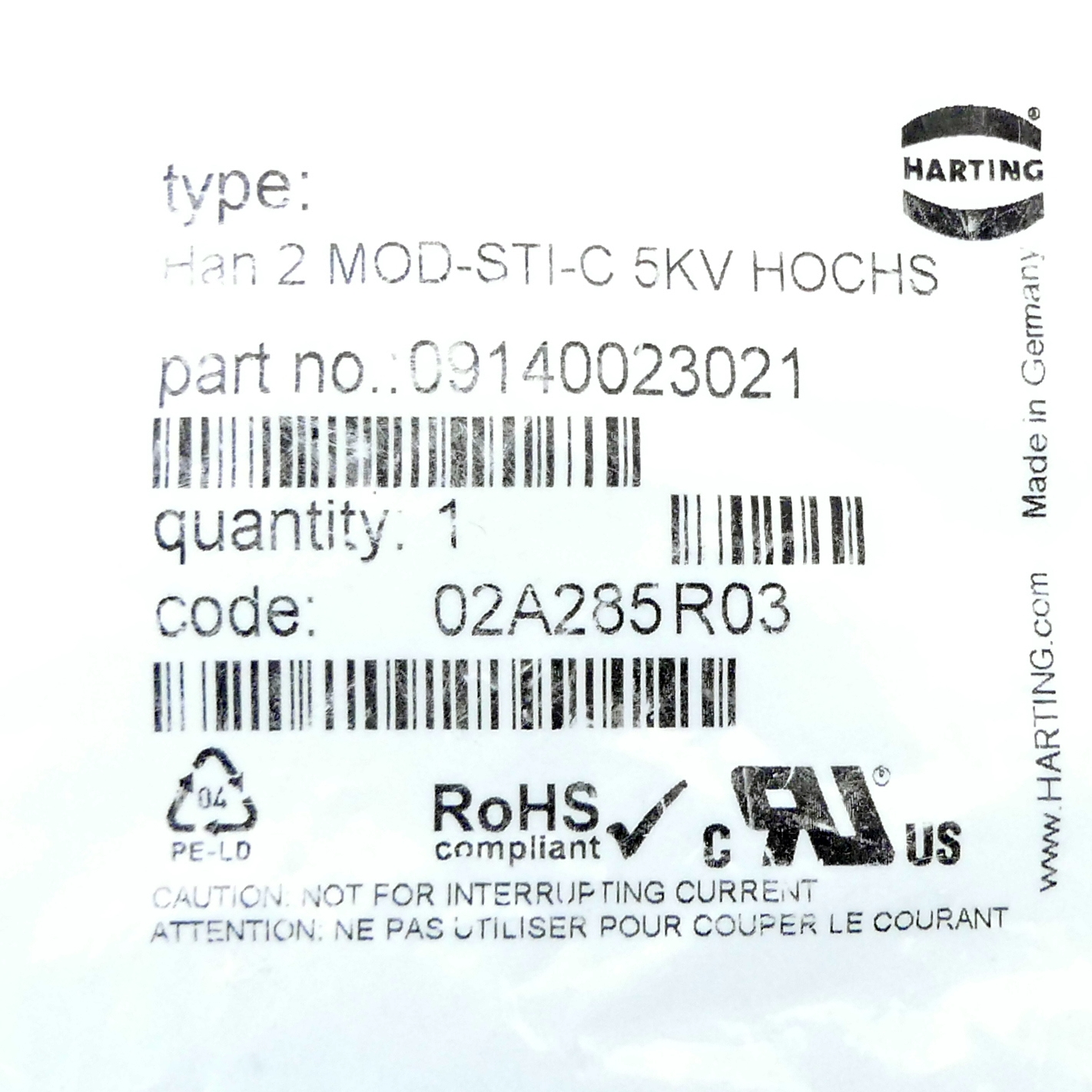 Plug-in connector module Han 2 MOD-STI-C 5KV HOCHS