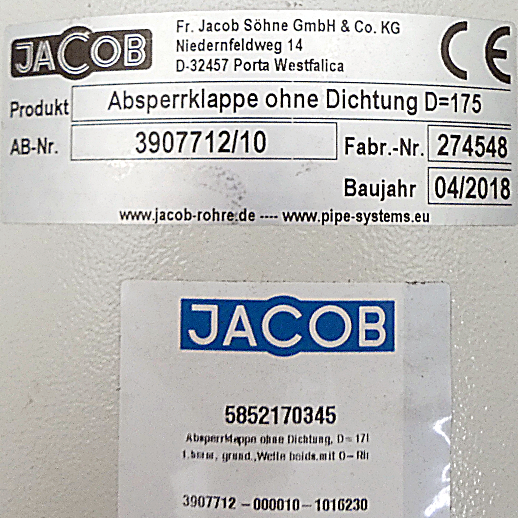 Absperrklappe ohne Dichtung D = 175, pneumatisch betätigt mittels Drehantrieb
