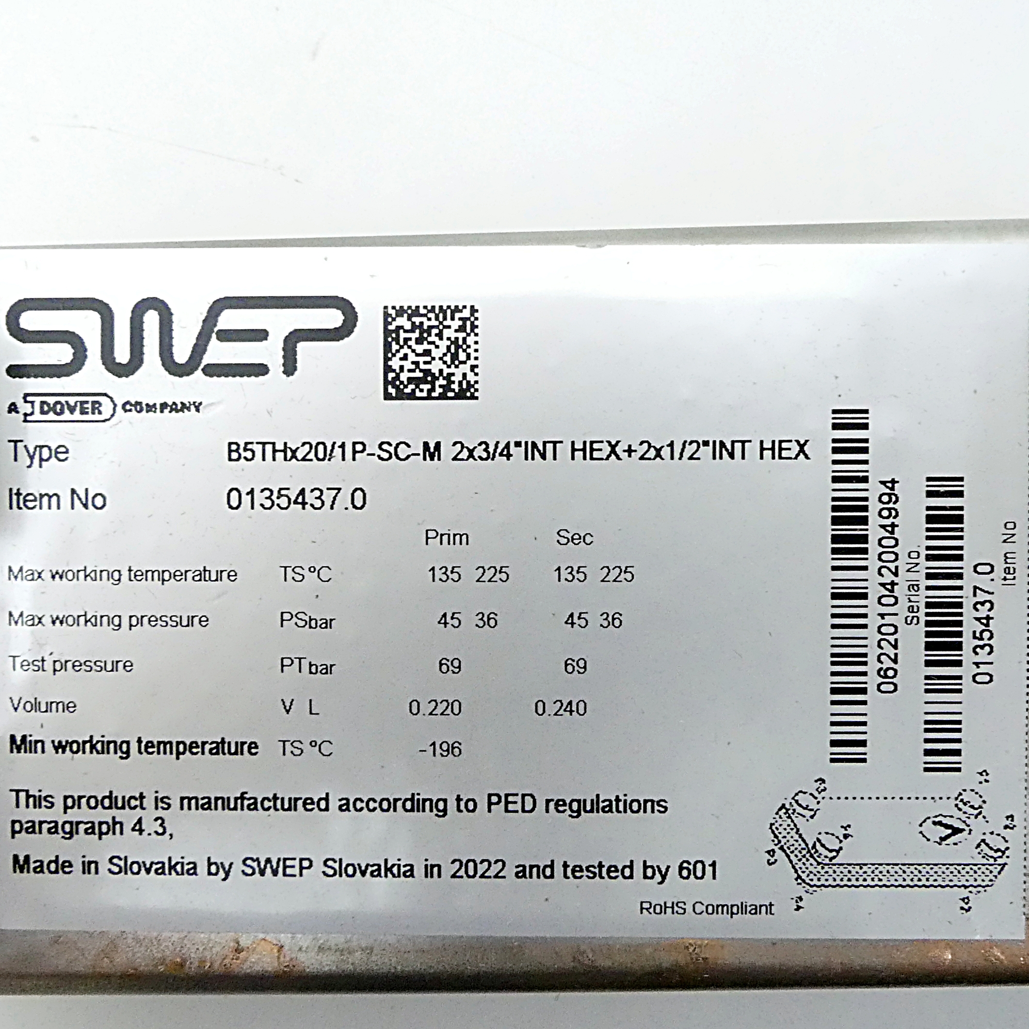 Plate heat exchanger B5THx20/1P-SC-M 2x3/4"INT HEX+2x1/2"INT HEX 
