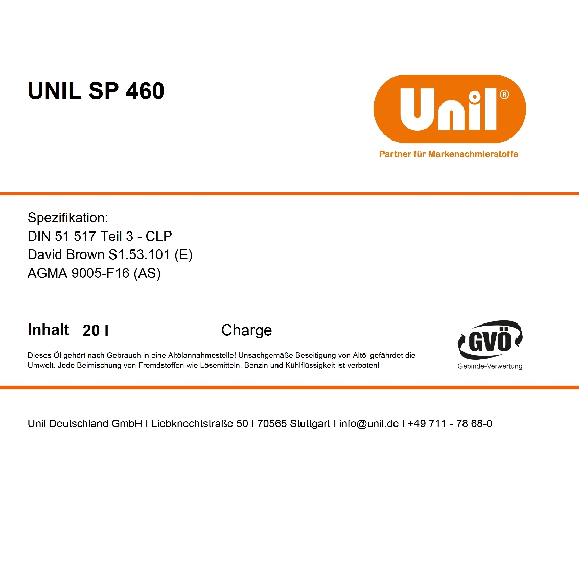 Gear oil SP 460  20L Canister