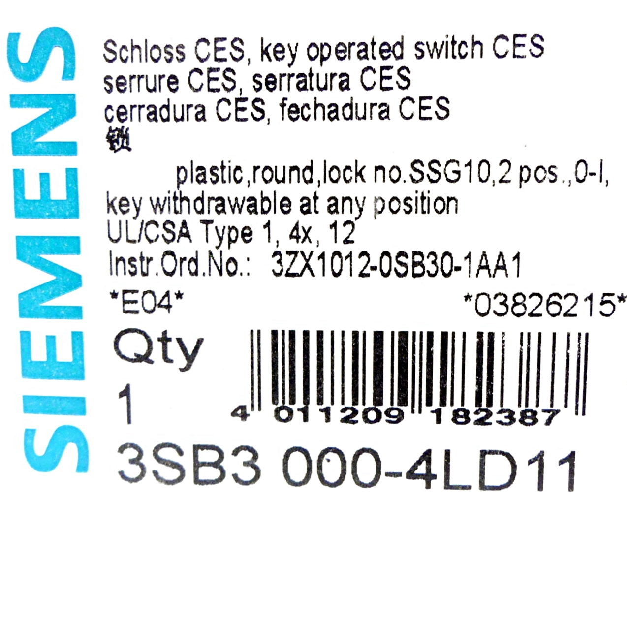 Key operated switch CES 3SB3000-4LD11 New FS