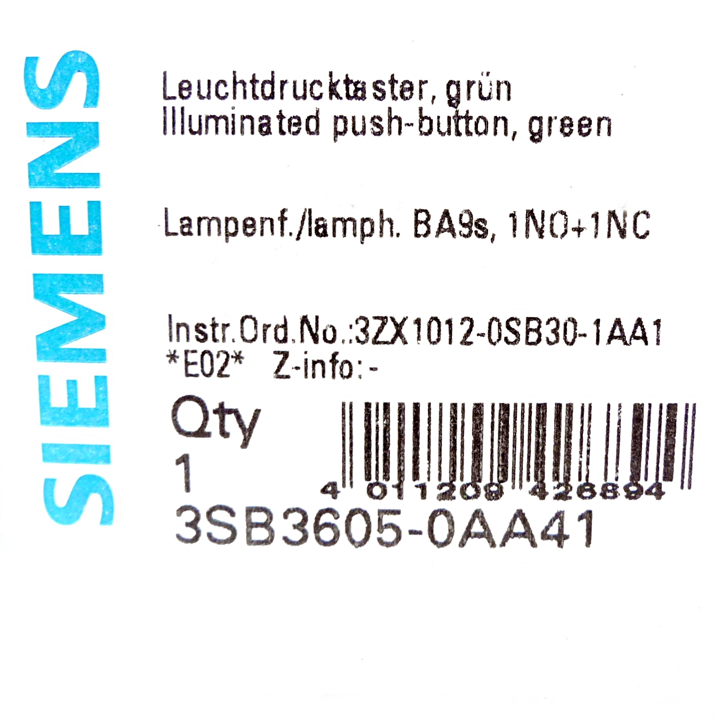 4 Pieces Illuminated push-button green 3SB3605-0AA41 New FS