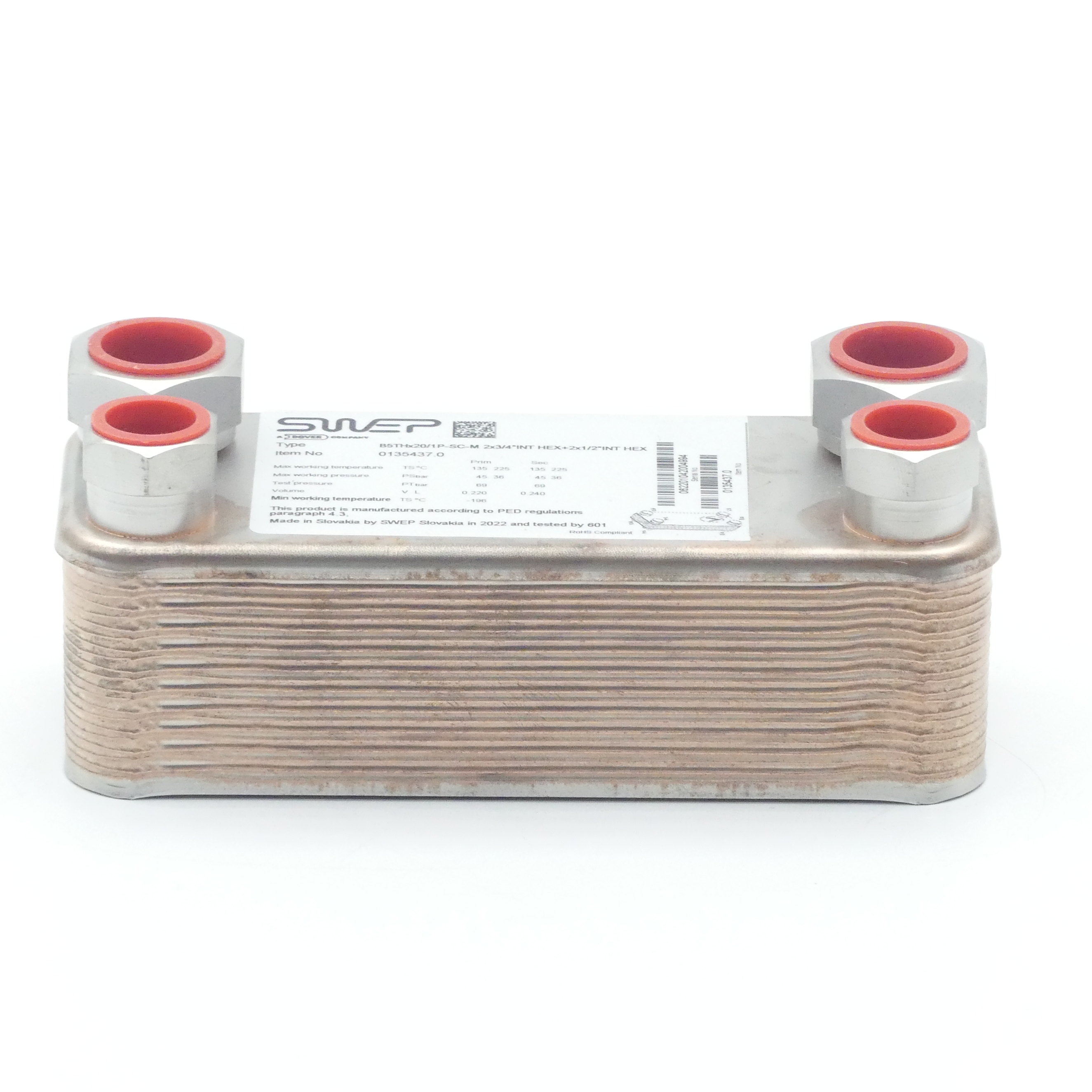 Plate heat exchanger B5THx20/1P-SC-M 2x3/4"INT HEX+2x1/2"INT HEX 
