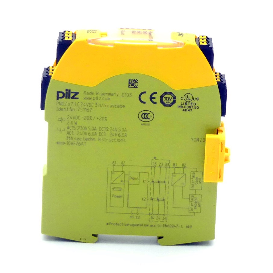 Contact multiplication Outputs: 3S, 1Ö PNOZ S7.1 C 24VDC 3N/O CASCADE 